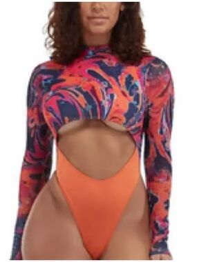 Long-Sleeve Cutout One-Piece Swimsuit in Orange Swirl